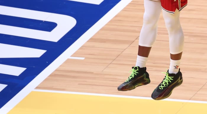 Anthony Edwards' black and green adidas sneakers worn in the 2024 NBA All-Star Game.
